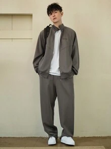 DAZY 男士休闲宽松纯色拉链领长袖夹克和裤子套装，秋季