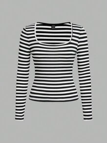 SHEIN EZwear Bộ 2 món áo thun sọc cổ vuông bó sát tay dài thường ngày cho nữ - Nhiều màu - Xem 5
