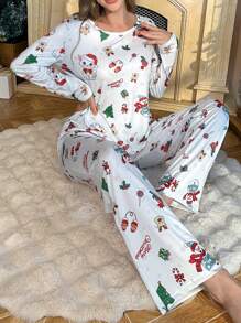 Bộ đồ ngủ cổ tròn in họa tiết Giáng sinh cho nữ và quần dài, quần áo mùa thu - trắng - Xem 3