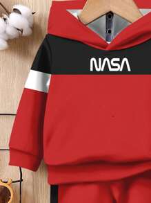 SHEIN 2 件装，年轻男孩拼色图案宽松休闲套头连帽衫套装，适合秋冬季 - 彩色 - 查看 5