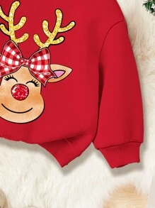 SHEIN Christmas, Cute Deer Graphic, Young Girls Casual Comfortable Thick Long Sleeve Knitted Sweatshirt Pullover, Suitable For Autumn/Winter