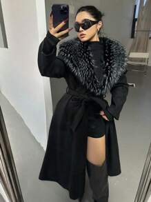 Flirla 大码女式纯色纽扣领大衣，适合冬季 - 黑色 - 查看 7