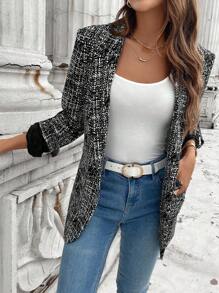 SHEIN LUNE Áo khoác Blazer nữ tay lật cài nút đơn giản - màu đen - Xem 1