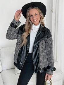 SHEIN LUNE Áo khoác Biker dáng rộng dành cho nữ có chi tiết chắp vá bằng vải tuýt, khóa kéo, thu đông - Đen và trắng - Xem 1