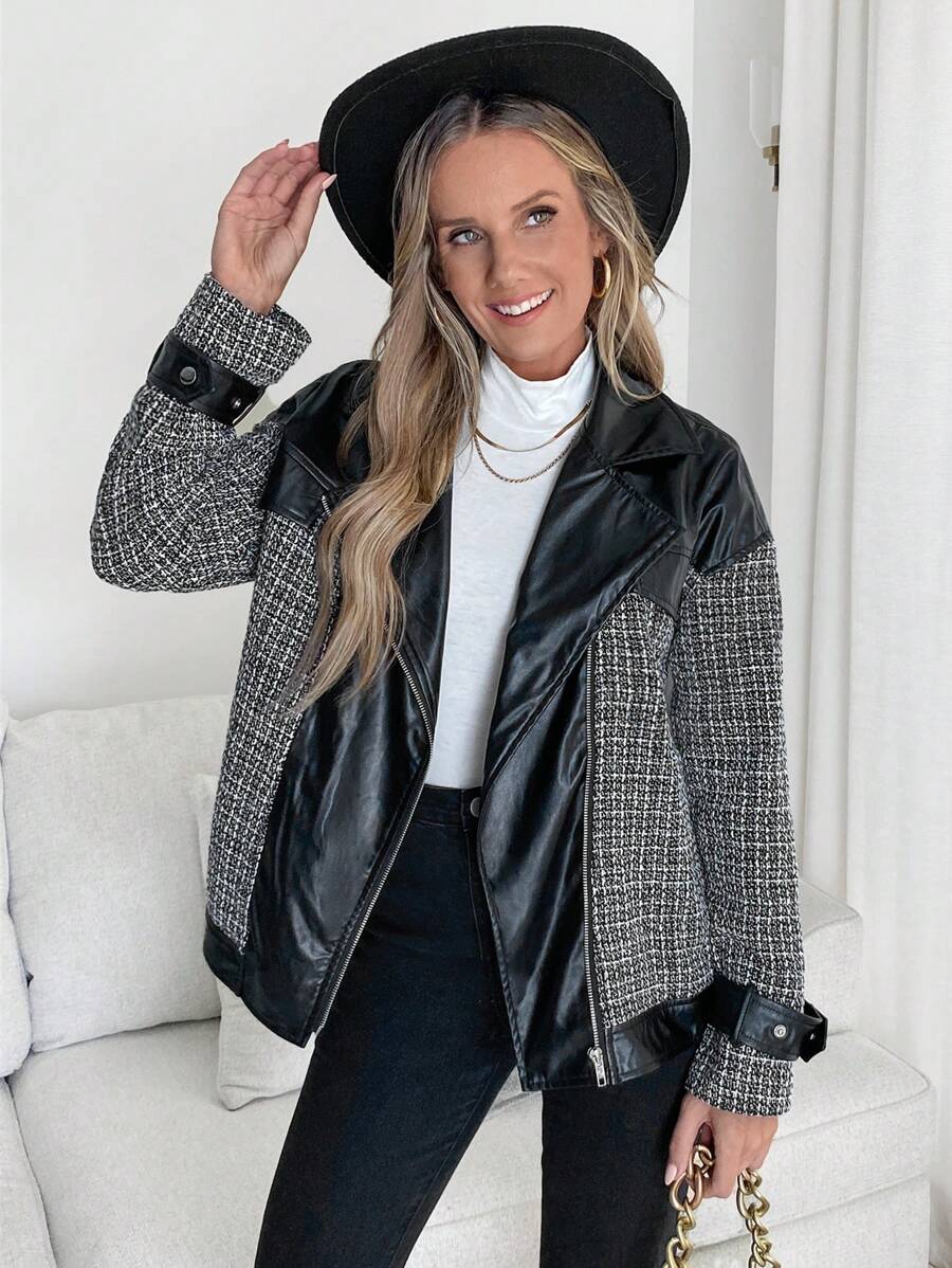 SHEIN LUNE Áo khoác Biker dáng rộng dành cho nữ có chi tiết chắp vá bằng vải tuýt, khóa kéo, thu đông - Đen và trắng - Xem 1