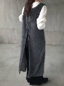 FRIFUL Women's Solid Color Crew Neck Sleeveless Fluffy Long Vest With Tie Back, Autumn/Winter,Sleeveless Tops Women Jacket,Fall Women Clothes Women Coats - Grey - View 8