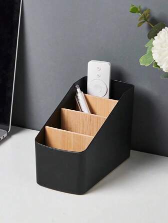 SHEIN 1 Pezzo Scatola multifunzionale per il controllo remoto da scrivania con divisori a più livelli e mensola in bambù removibile, organizer per casa/ufficio, colore nero, decorazione natalizia per regali festivi