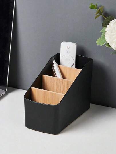 SHEIN 1PC Multifunctional Desktop Remote Control Storage Box With Tiered Divider Design & Detachable Bamboo Shelf, Home/Office Storage Organizer, Black,Home Decoration Christmas For Holiday Gift Giving