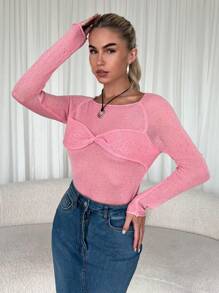Chiquease Pullover tricoté rose minimaliste pour femmes, automne, hiver - Rose bonbon - Voir 4