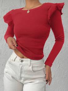 Cottnline 95% Cotton Ribbed Knit Ruffle Trim Tee - Red - View 5