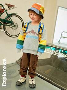 SHEIN 2pcs/Set Young Boy Casual Everyday Patchwork Letter & Mountain Print Sweatshirt & Sweatpants, Autumn - Red - View 4