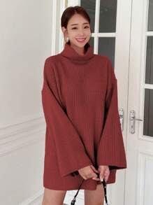 DAZY Women's Solid Color Turtleneck Oversized Sweater, Christmas ,Holiday Fall - Burgundy - View 3
