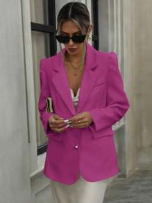 Aveloria Modichic High-End Fashionable Refined Pearl Button Puff Sleeve Straight Blazer Jacket - Hot Pink - View 3
