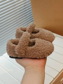 时尚、百搭、透气圣诞毛绒一脚蹬平底女学生鞋，舒适的校园风格 - 卡其色 - 查看 4