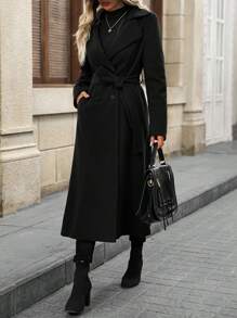 EMERY ROSE Women Casual Solid Color Stand Collar Double-Breasted Long Overcoat, Autumn - Black - View 3