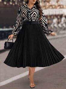 SHEIN Clasi Vestido maxi de mujer de talla grande, elegante, con cuello, patchwork, plisado y estampado - Multicolor - Ver 7