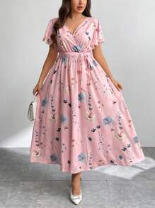 Firerie Gaun Liburan Wanita Ukuran Besar Model V-Neck Longgar dengan Motif Acak dan Belahan Pinggang Ikat, Gaun Pantai, Pakaian Liburan Gaya Boho Musim Semi - Baby Pink - View 2