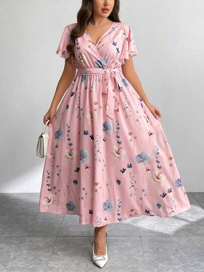 Firerie Plus Size V-Neck Loose Fit Random Print Slit Tie Waist Vacation Dress For Women, Summer,Beach Dress Sundress,Holiday Outfits Boho Spring