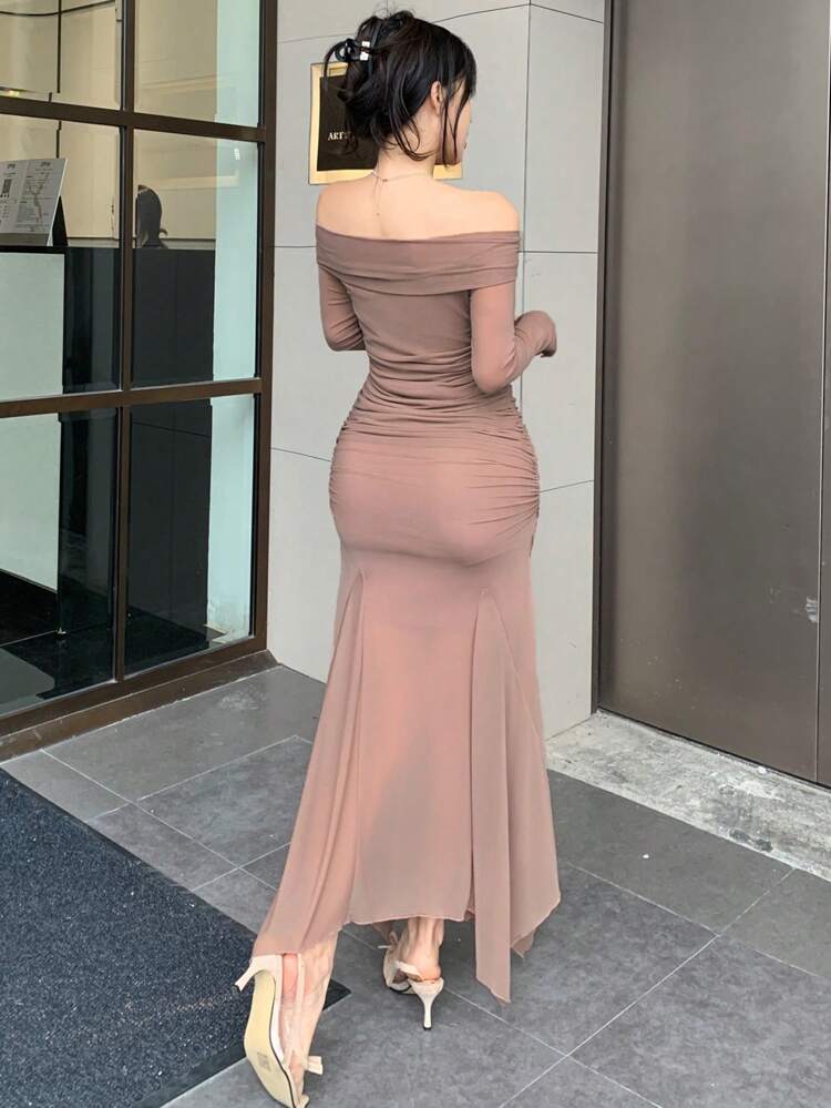 Off Shoulder Twist Solid Midi Dress For Women, Spring/Summer Prom Dress Elegant,Ruffle,Fall Clothes,Back To School Clothes Long Sleeve Dress