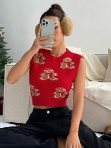 SHEIN Unity 圣诞节女士时尚姜饼人毛衣和圣诞背心 - 粉色 - 查看 4