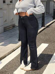 SHEIN EZwear Pantalones vaqueros informales de talla grande, de color solido, con botones delanteros y bolsillos