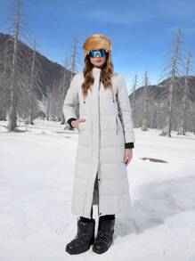SHEIN EZwear Chaqueta casual de mujer con capucha de unicolor, rellena de plumas y fibra de plumón para invierno, con correas interiores de transporte