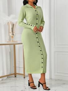 Zolique Váy len dài tay cài nút màu xanh lá cây cho nữ, mùa thu/đông - Màu xanh chanh - Xem 5