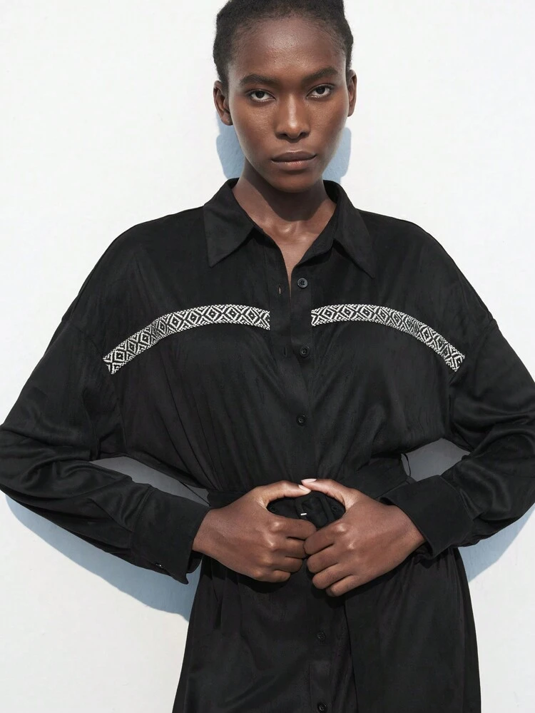 SHEIN Maija Women's Casual Patchwork Ribbon Front Button Waisted Shirt Dress, For Autumn