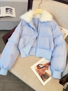 SHEIN Elegancki, dziewczęcy, niebiesko-biały, łaciaty, krótki kardigan dla nastolatek, uniwersalna krótka kurtka, termiczna/ciepła/słodka/sportowa