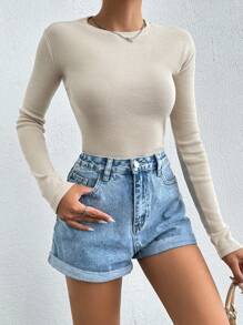 Cottnline Solid Round Neck Form Fitted Tee - Grey - View 5
