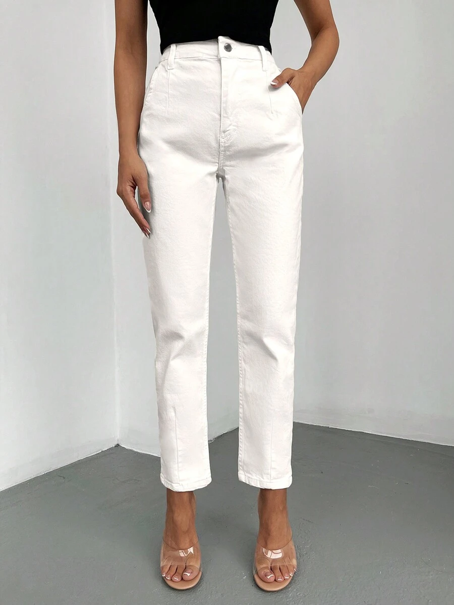 EURMUSE Solid Slant Pocket Mom Fit Jeans - White - View 1
