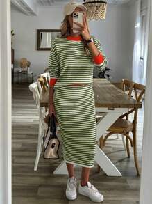 SHEIN LUNE 2pcs/Set Contrast Trim Striped Print Crew Neck Long Sleeve Top And Skirt Knit Sweater - Multicolor - View 4