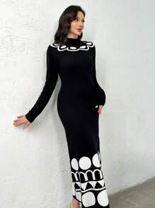 Modelyn Vestido ajustado de manga larga con bloque de color elegante y casual para mujer, otoño/invierno