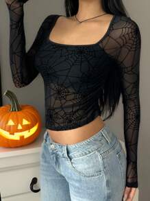 SHEIN EZwear Women's Black Square Neck Spider Web Flocked Mesh Asymmetrical Hem T-Shirt