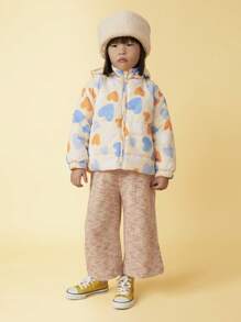 SHEIN Young Girls' Colorful Heart Print Detachable Hooded Casual Thermal Lined Jacket, Autumn/Winter - Beige - View 3