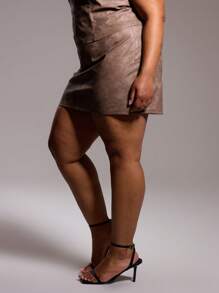 MUSERA Plus Size Faux Leather Buckle Mini Skirt For Going Out, Sexy, Club, Party, Date Night, Holiday, Rave, Concert, Festival Summer - Brown - View 3