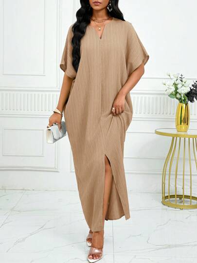 SHEIN Lady Autumn And Summer Simple Solid Notched Batwing Sleeve Split Hem Dress,Summer Dresses For Women