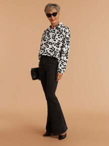 SHEIN LUNE 1 件女士秋季宽松蝙蝠袖休闲通勤豹纹衬衫 - 黑與白 - 查看 1