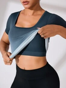 Gameset SHEIN Sport 1 件女式方领短袖渐变色瑜伽基本款 T 恤 - 灰色 - 查看 1