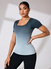 Gameset SHEIN Sport 1 件女式方领短袖渐变色瑜伽基本款 T 恤 - 灰色 - 查看 4