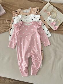 SHEIN LMoss Kids 3pcs Newborn Baby Girl Cute Heart & Polka Dot Pattern Knitted Romper With Headband Set, Autumn/Winter Print