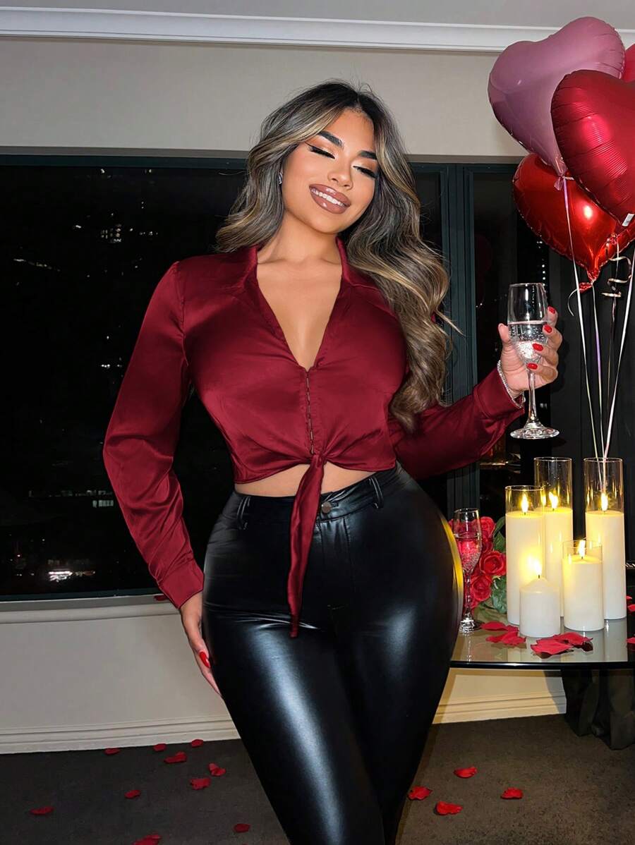 SHEIN SXY 女士纯色前结长袖短款衬衫、长袖上衣 - 酒紅色 - 查看 1