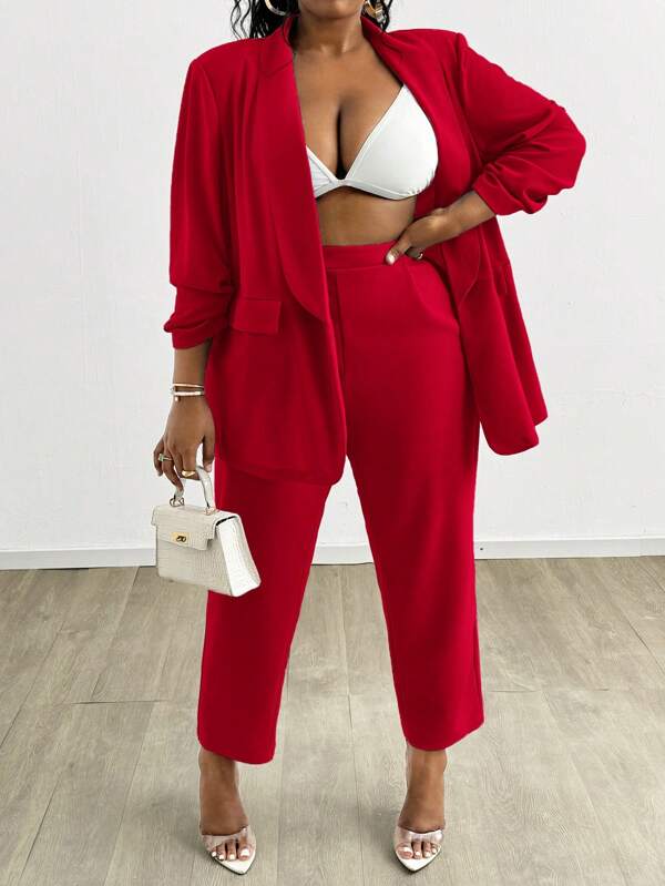 SHEIN SXY Plus Size Solid Color Shawl Neck Blazer And Pants 2 Pieces Suit Set