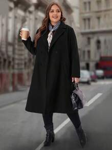 EMERY ROSE Plus Size Women's Winter Solid Color Notched Lapel Long Sleeve Double Breasted Pocket Elegant Woolen Winter Women Coat Coat - Black - View 5