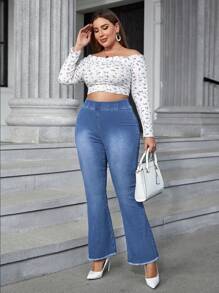EMERY ROSE Quần Jeans Ống Loe Viền Thô Lưng Thun Co Giãn Thường Ngày Size Lớn Cho Nữ - Rửa trung bình - Xem 3