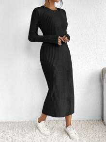 SHEIN Frenchy Váy bó sát vải dệt kim xẻ đùi có họa tiết - màu đen - Xem 5