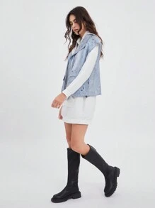 SHEIN EZwear 女士秋冬牛仔效果印花宽松休闲立领背心夹克 - 藍色 - 查看 6