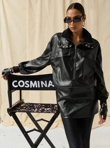 COSMINA 女士时尚拉链前半襟收腰 PU 皮革连衣裙，适合秋季 - 黑色 - 查看 4