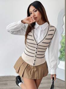 Flirla 女士休闲条纹前扣 V 领针织毛衣背心，适合秋冬季日常穿着 - 杏色 - 查看 6