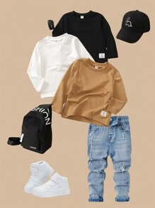 SHEIN 3pcs/Set Young Boy Casual Simple Long Sleeve T-Shirts, Fall/Winter - Multicolor - View 1